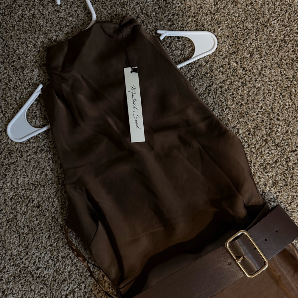 Mockneck Brown Satin Dress with Belt